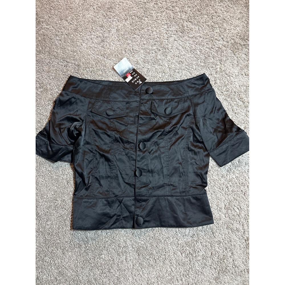 Black Off The Shoulder Satin Button Down Top Short Sleeve Y2K Style Size L